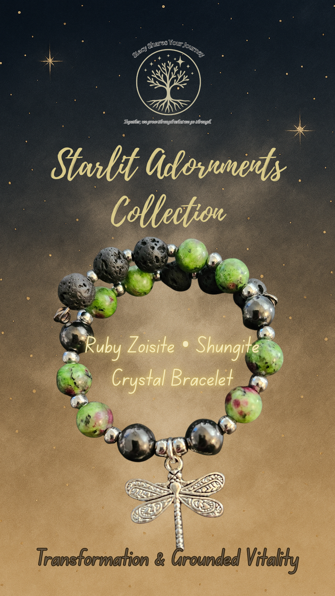 Ruby Zoisite • Shungite Crystal Bracelet with Dragonfly Charm | Transformation & Grounded Vitality