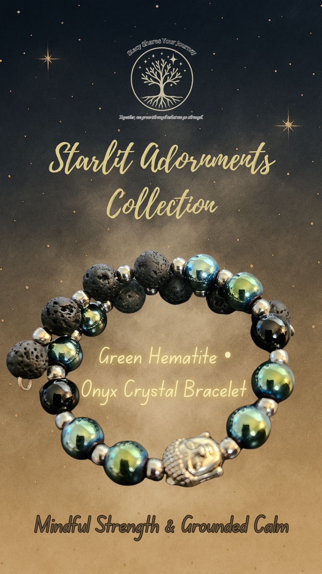 Green Hematite • Onyx Crystal Bracelet with Buddha Charm