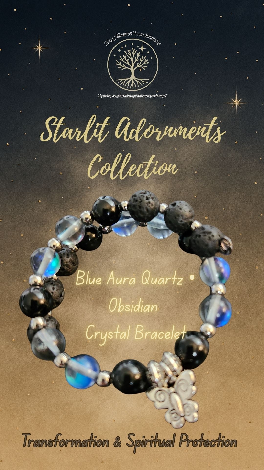 Blue Aura Quartz • Obsidian Crystal Bracelet with Butterfly Charm | Transformation & Spiritual Protection