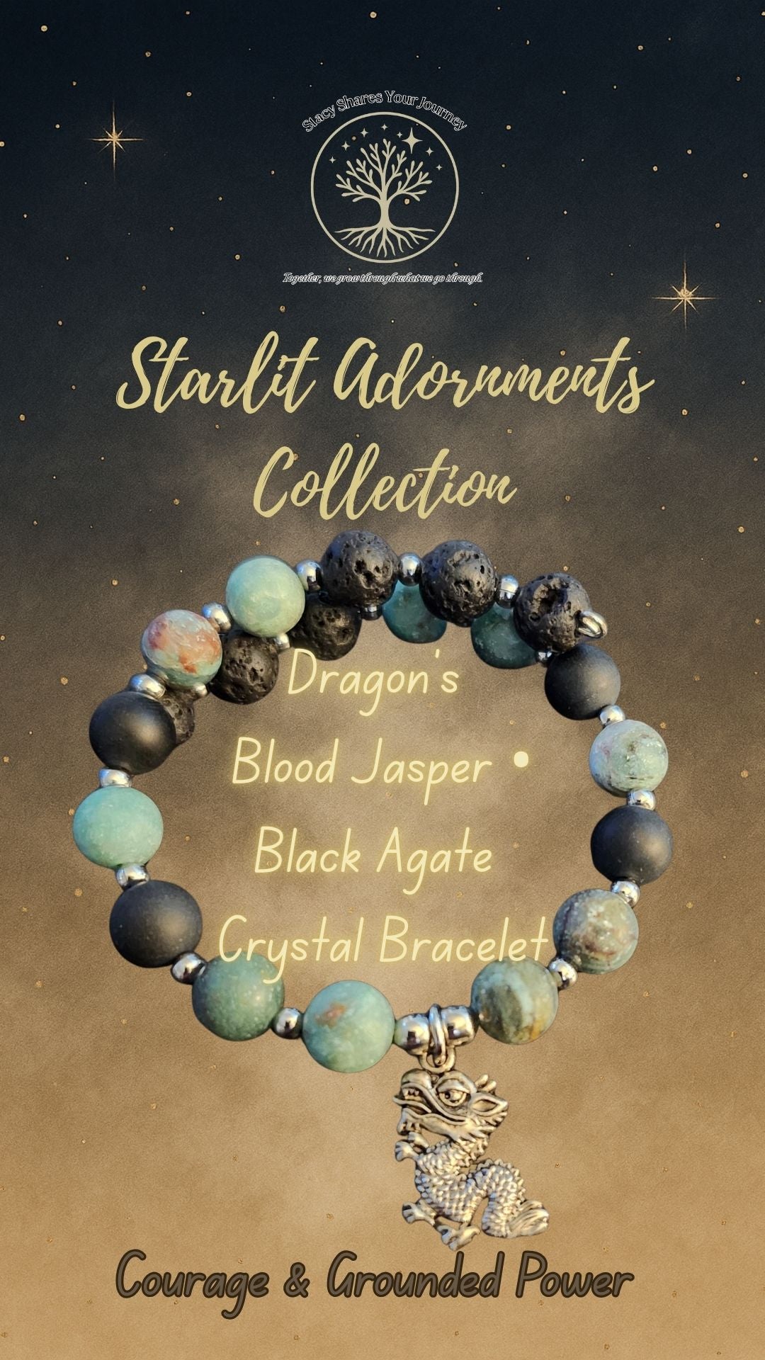 Dragon’s Blood Jasper • Black Agate Crystal Bracelet with Dragon Charm | Courage & Grounded Power