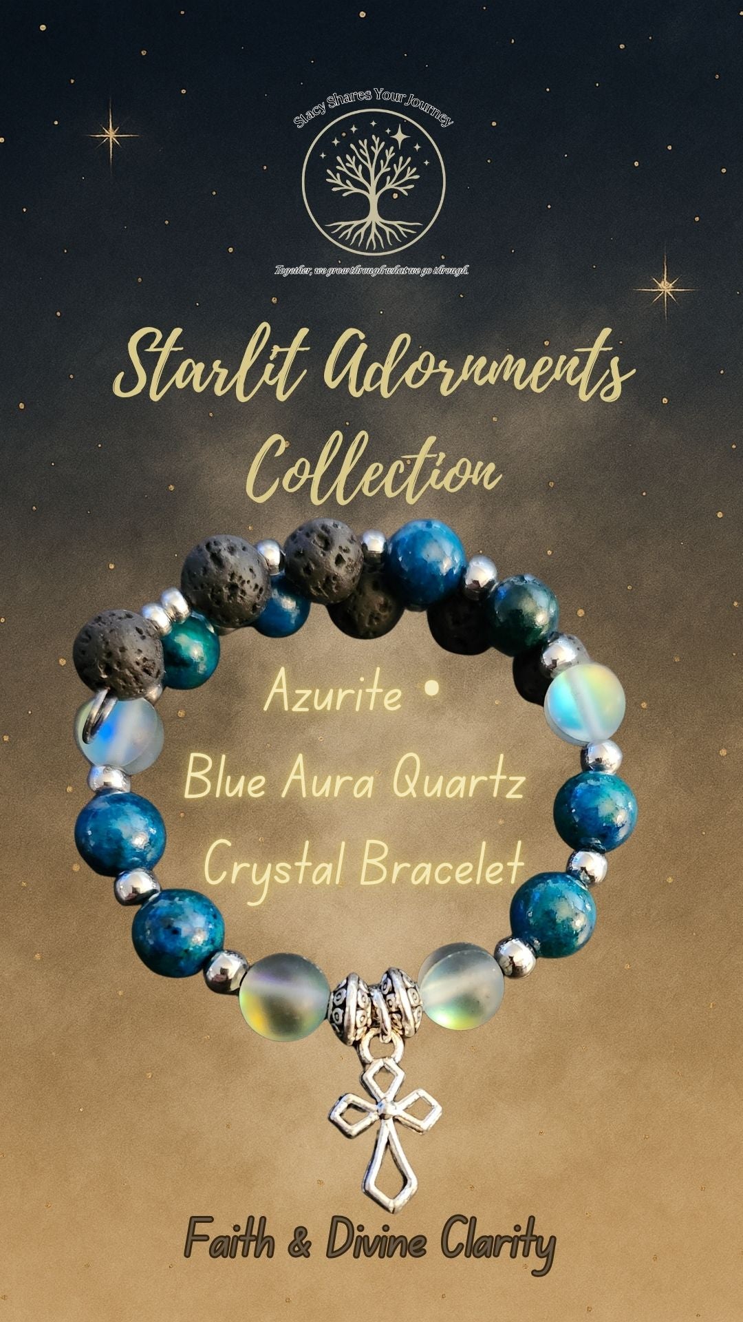 Azurite • Blue Aura Quartz Crystal Bracelet with Cross Charm | Faith & Divine Clarity