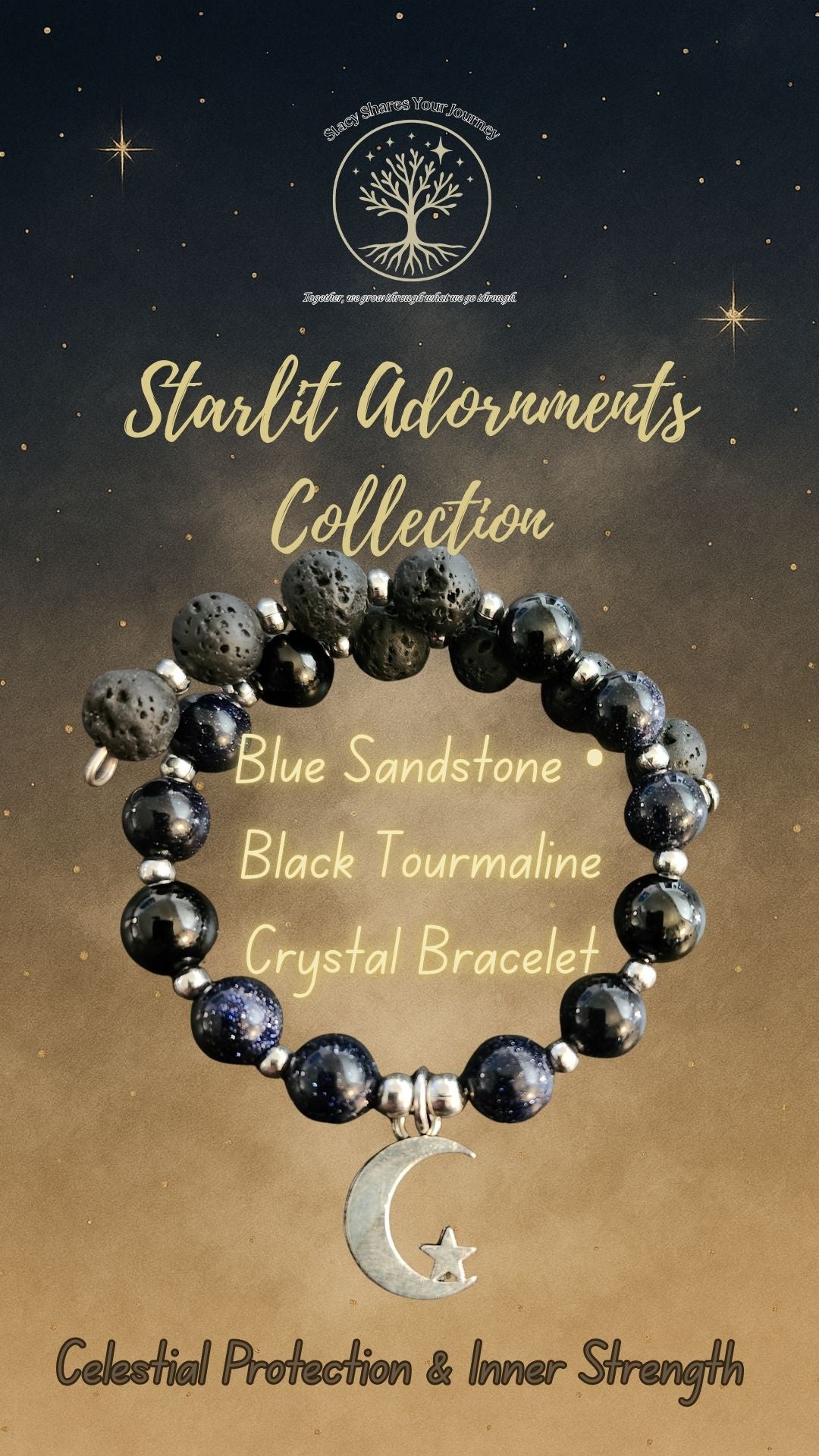 Blue Sandstone • Black Tourmaline Crystal Bracelet with Moon & Star Charm | Celestial Protection & Inner Strength