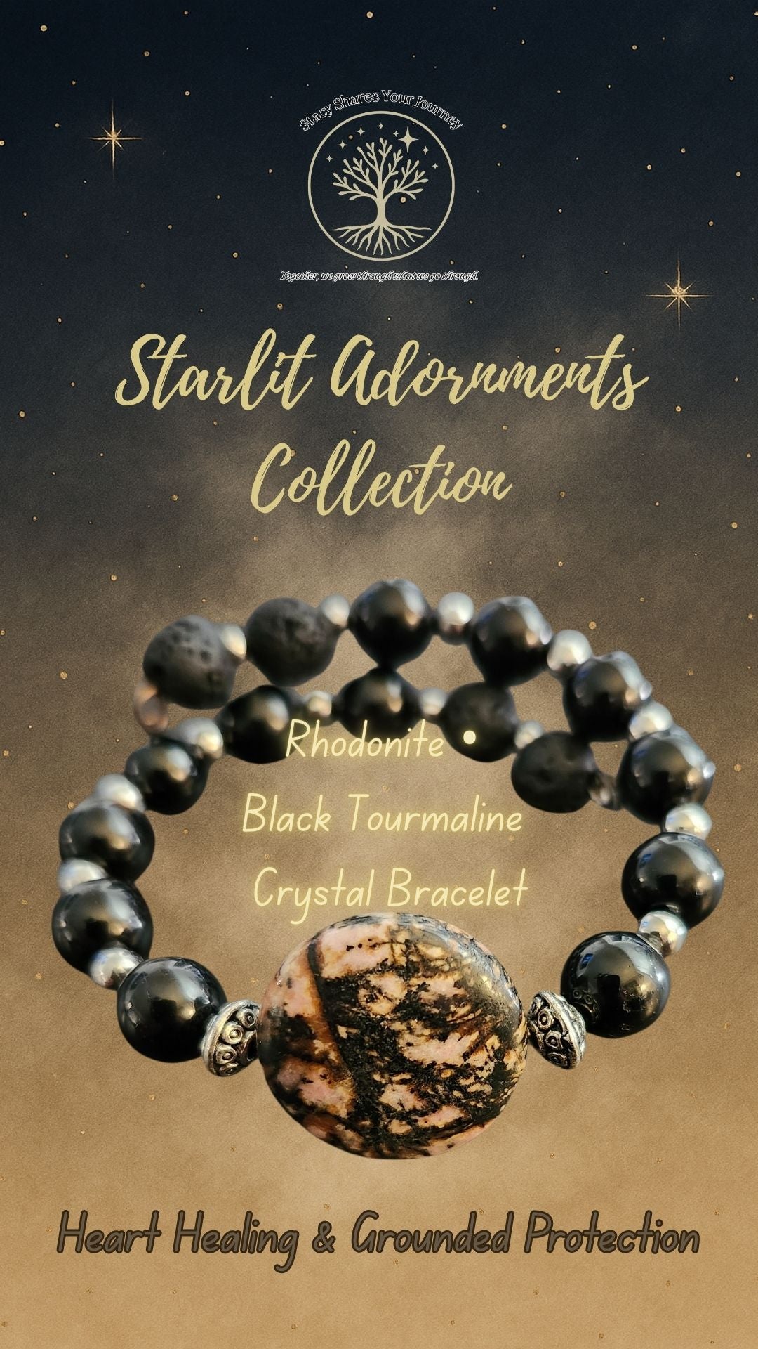 Rhodonite • Black Tourmaline Crystal Bracelet | Heart Healing & Grounded Protection