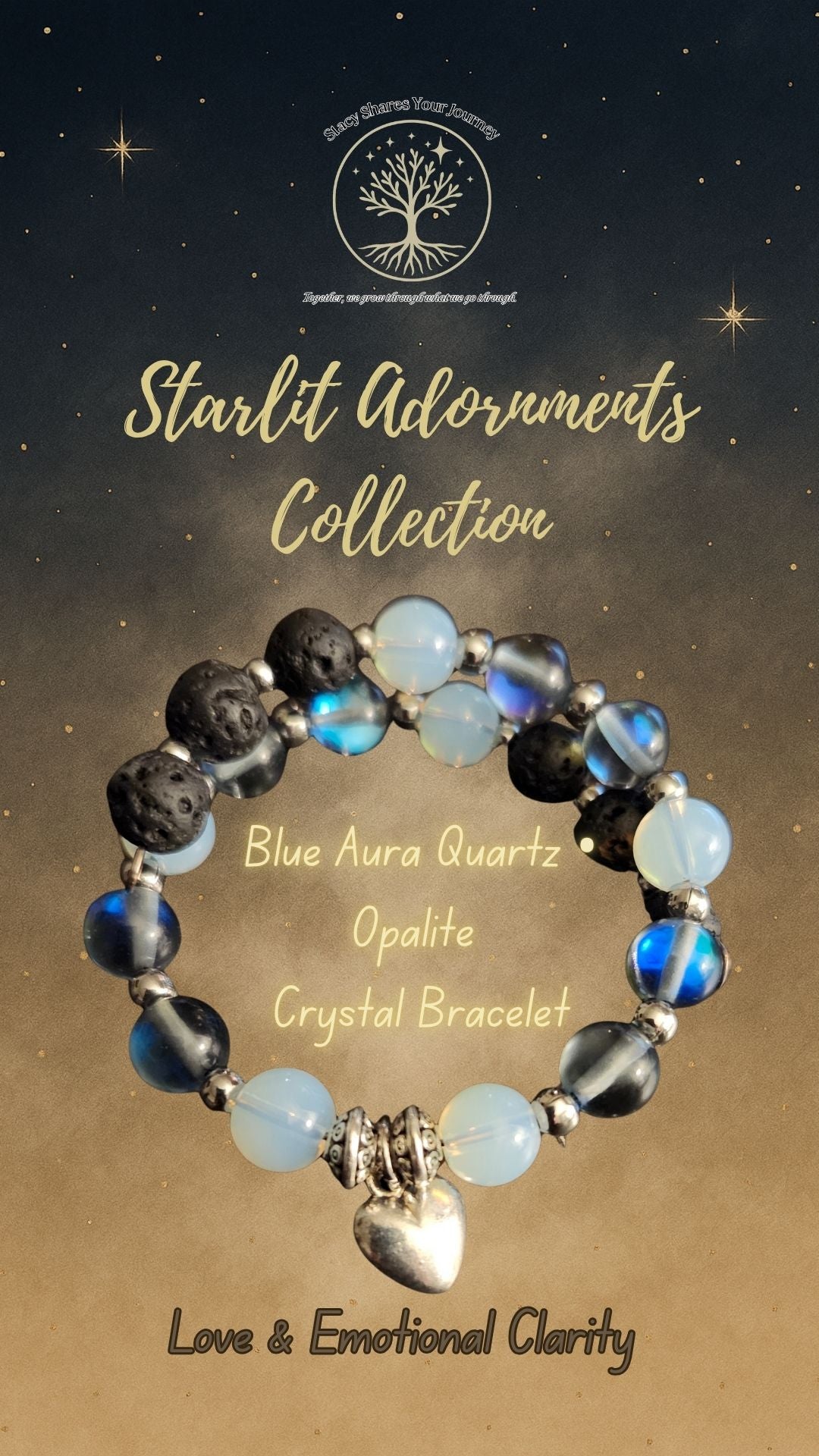 Blue Aura Quartz • Opalite Crystal Bracelet with Heart Charm | Love & Emotional Clarity