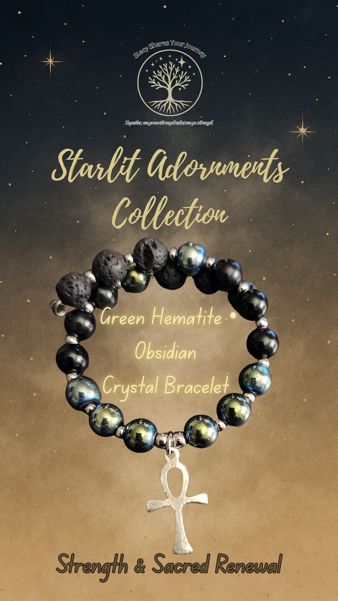 Green Hematite • Obsidian Crystal Bracelet/ Strength & Sacred Renewal