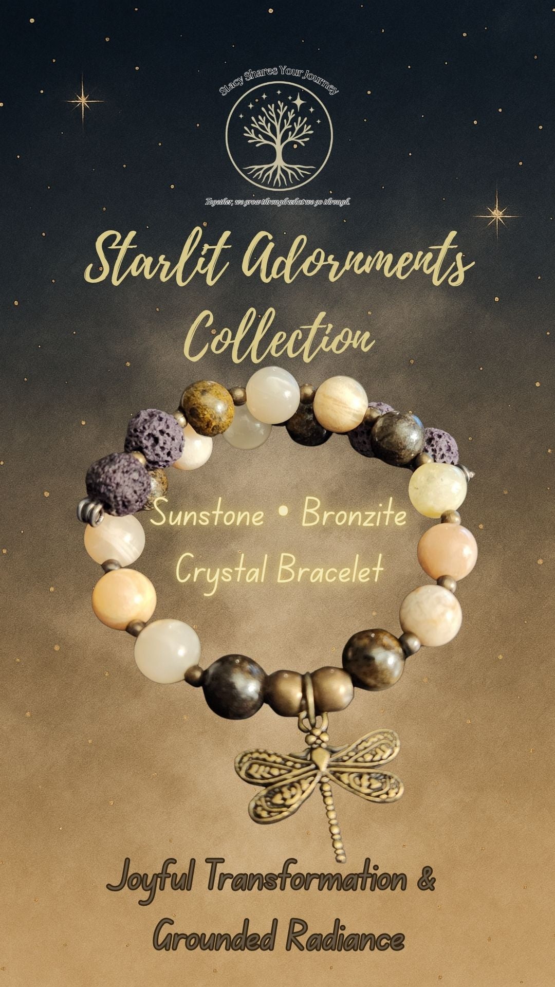 Sunstone • Bronzite Crystal Bracelet with Dragonfly Charm | Joyful Transformation & Grounded Radiance