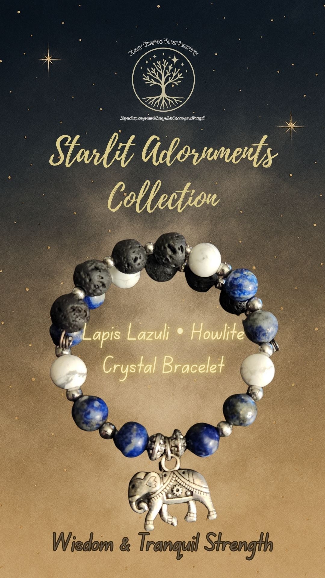 Lapis Lazuli • Howlite Crystal Bracelet with Elephant Charm | Wisdom & Tranquil Strength