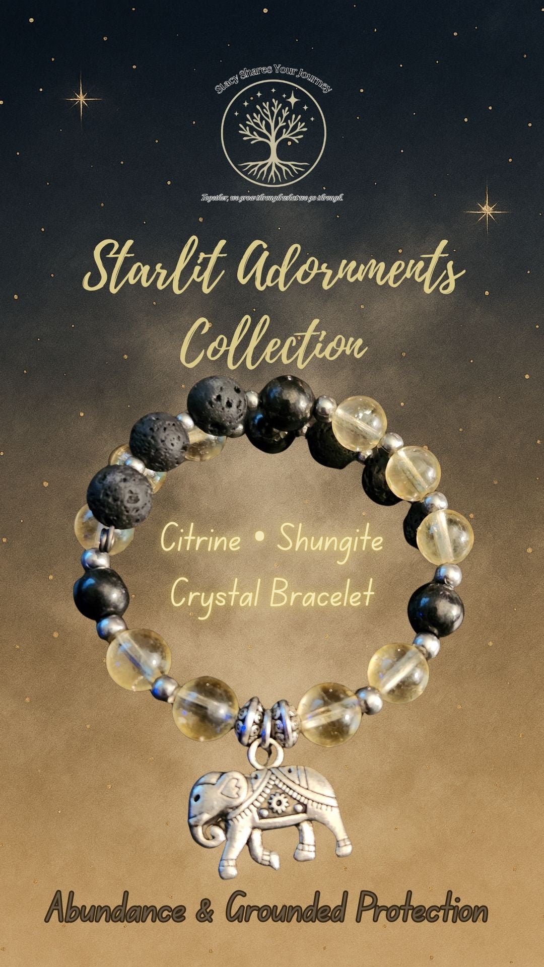 Citrine • Shungite Crystal Bracelet with Elephant Charm | Abundance & Grounded Protection