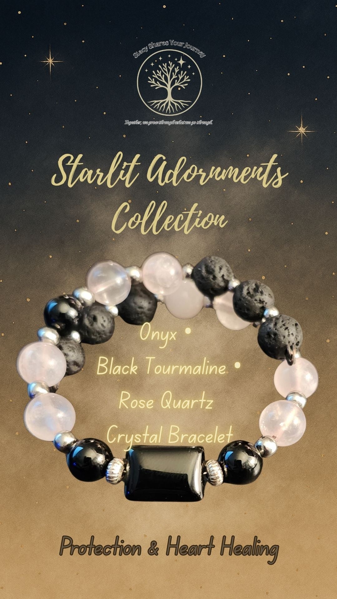 Onyx • Black Tourmaline • Rose Quartz Crystal Bracelet | Protection & Heart Healing