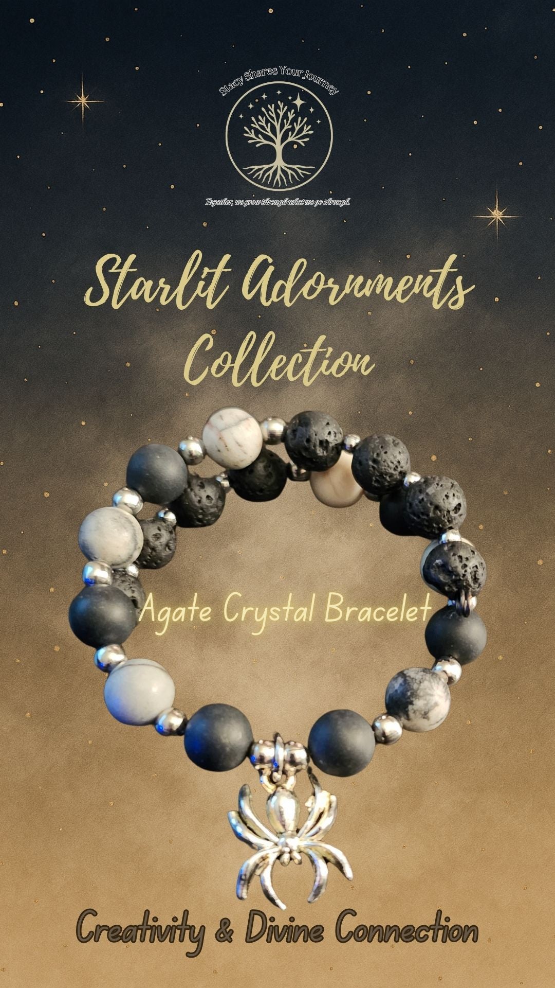 Agate Crystal Bracelet with Spider Charm | Creativity & Divine Connection