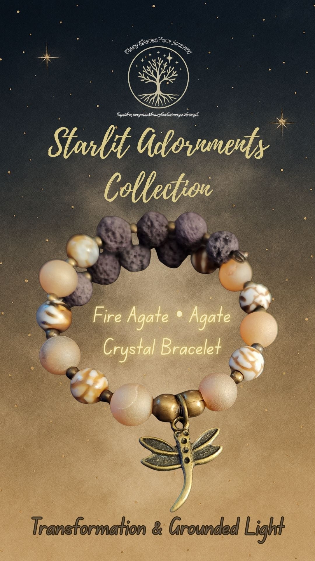 Fire Agate • Agate Crystal Bracelet with Dragonfly Charm | Transformation & Grounded Light