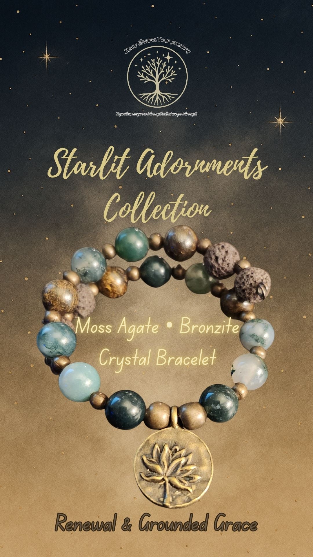 Moss Agate • Bronzite Crystal Bracelet with Lotus Charm | Renewal & Grounded Grace