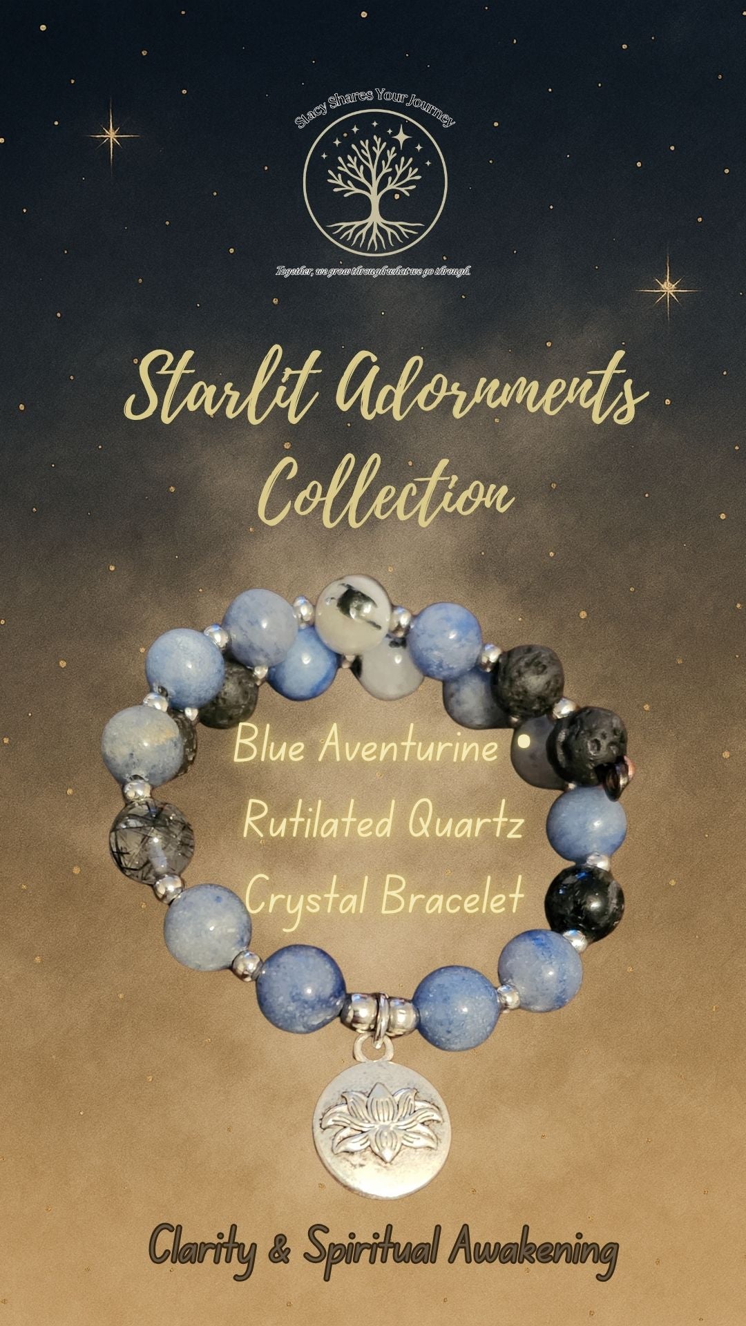 Blue Aventurine • Rutilated Quartz Crystal Bracelet with Lotus Charm | Clarity & Spiritual Awakening