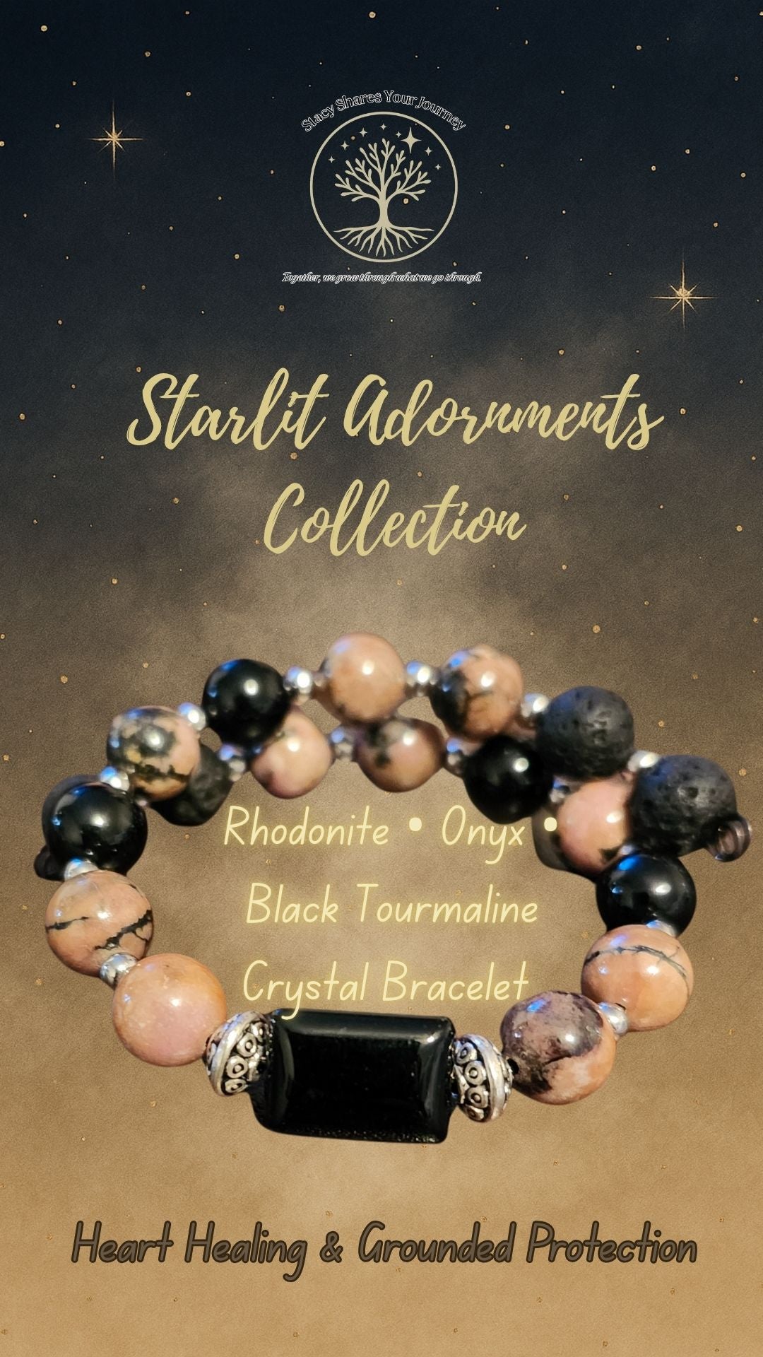 Rhodonite • Onyx • Black Tourmaline Crystal Bracelet | Heart Healing & Grounded Protection