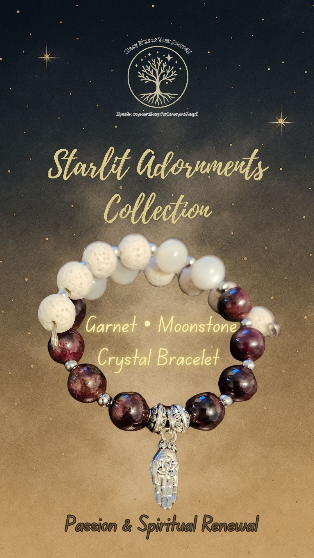 Garnet • Moonstone Crystal Bracelet with Palm Lotus Charm | Passion & Spiritual Renewal