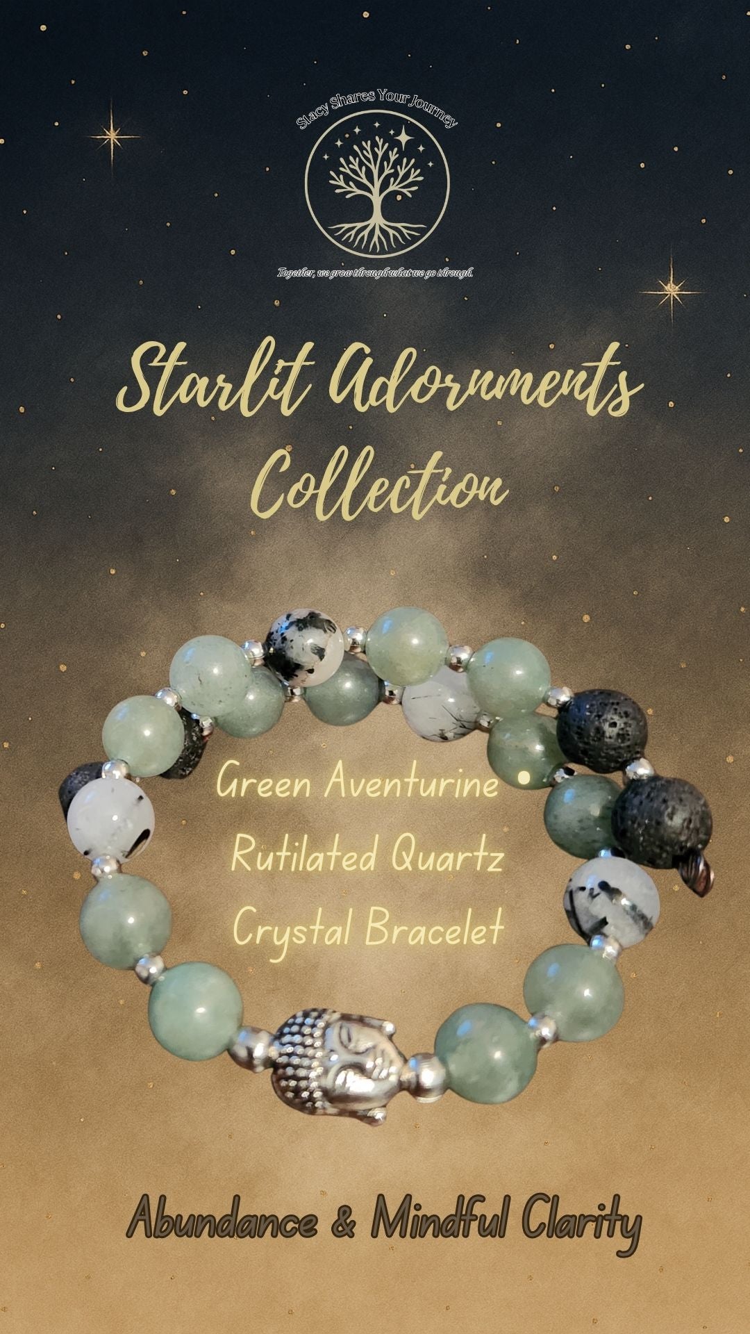 Green Aventurine • Rutilated Quartz Crystal Bracelet with Buddha Head Charm | Abundance & Mindful Clarity