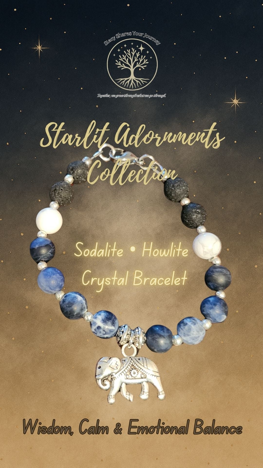 Sodalite • Howlite Crystal Bracelet with Elephant Charm | Wisdom, Calm & Emotional Balance