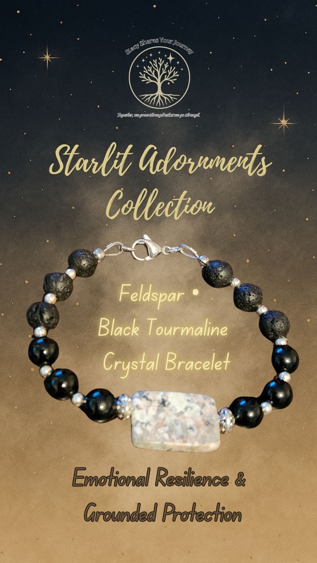 Feldspar • Black Tourmaline Crystal Bracelet | Emotional Resilience & Grounded Protection