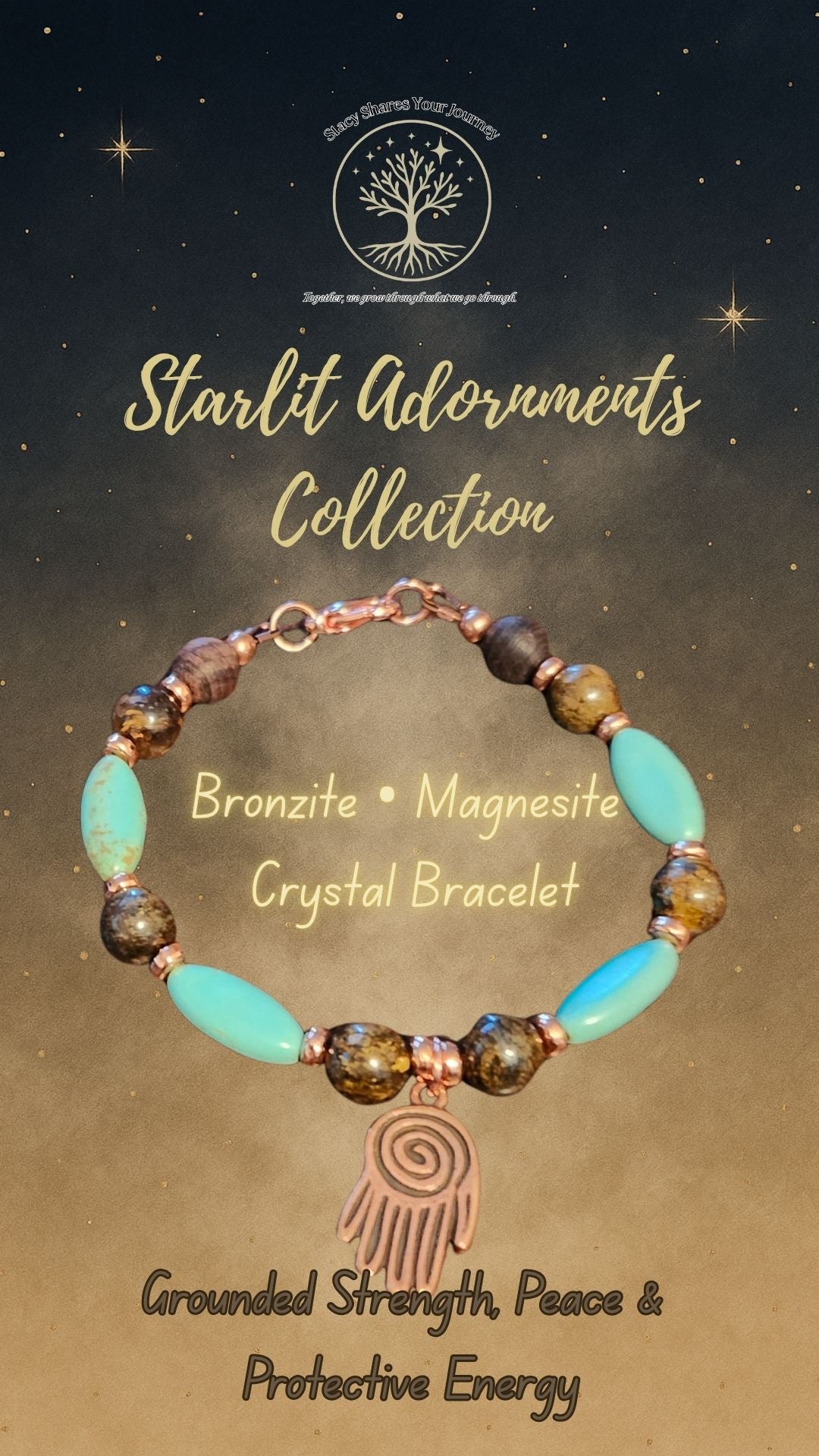 Bronzite • Magnesite Bracelet with Healing Hand Charm | Grounded Strength, Peace & Protective Energy