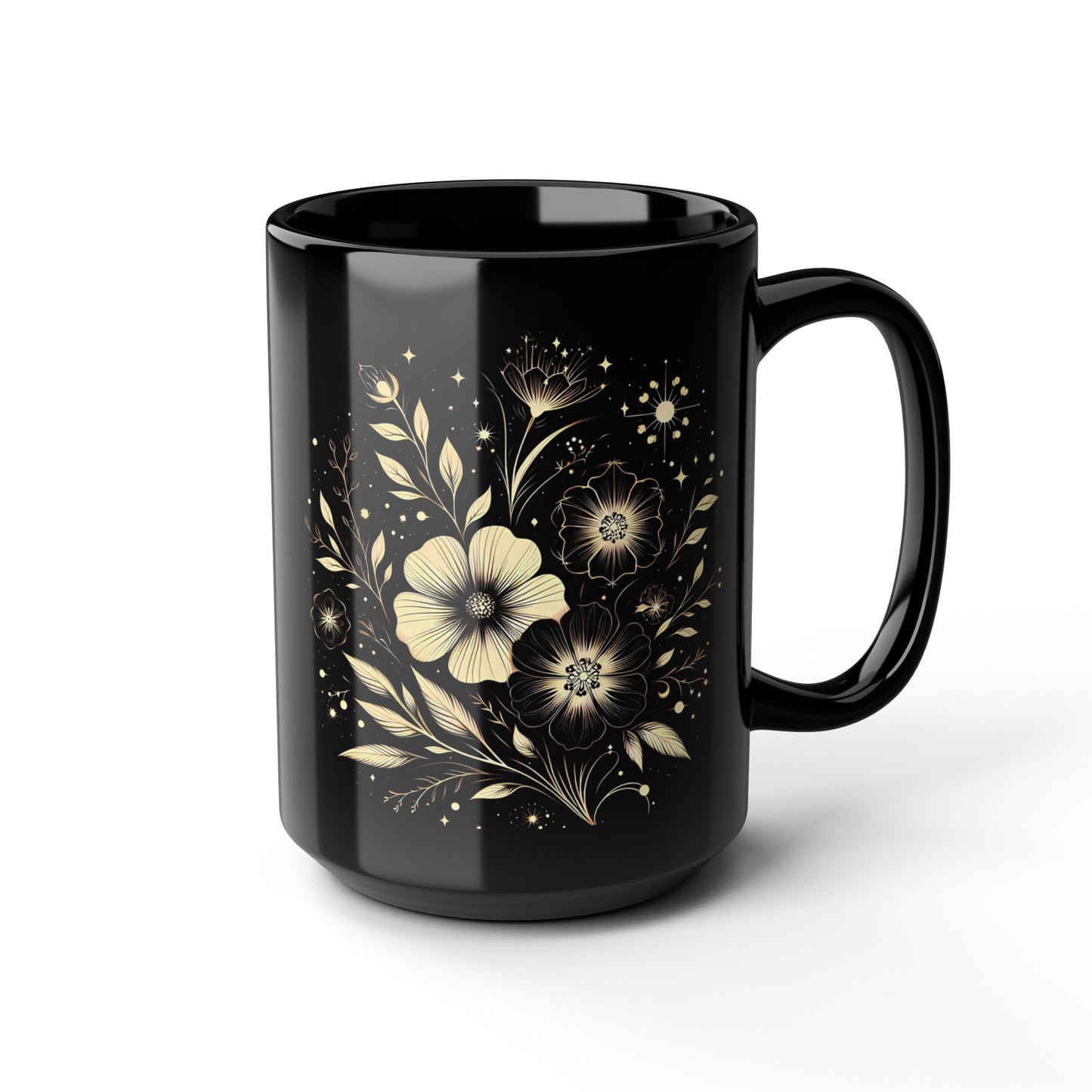 Elegant Floral Black Mug, 15oz