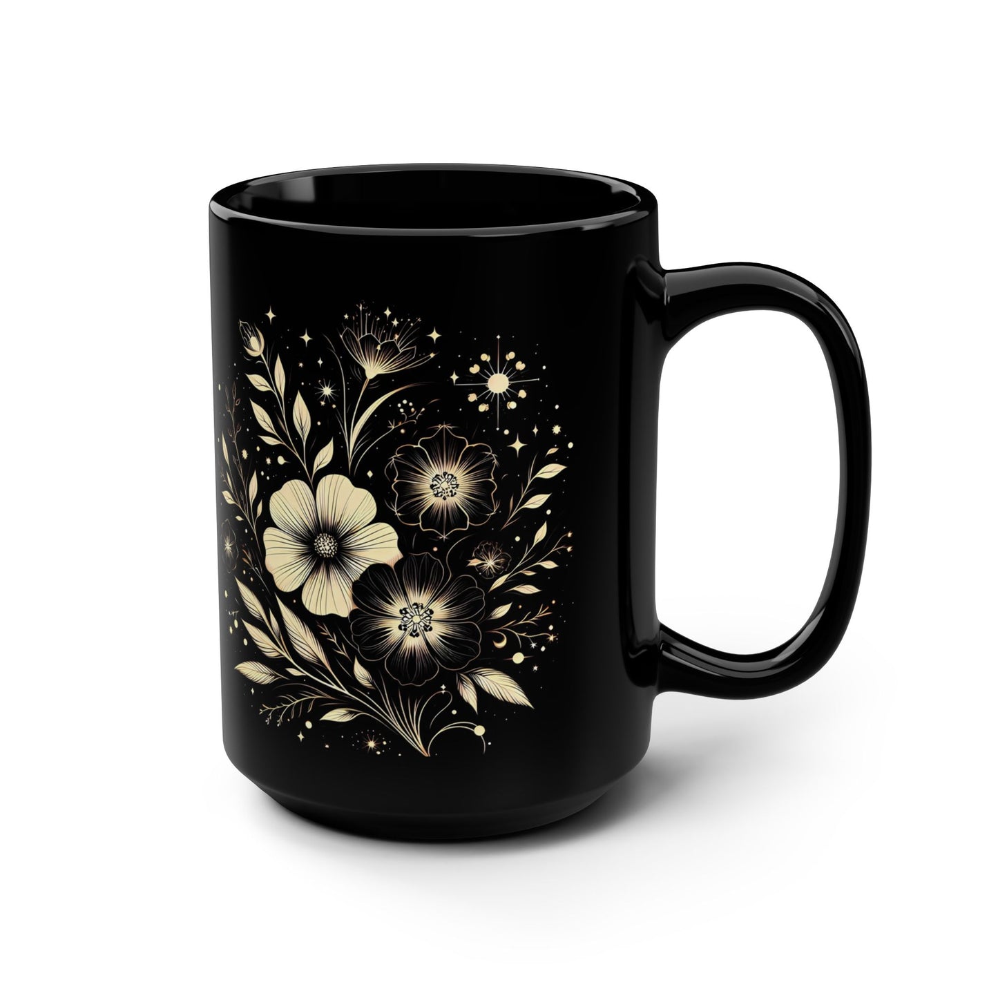 Elegant Floral Black Mug, 15oz