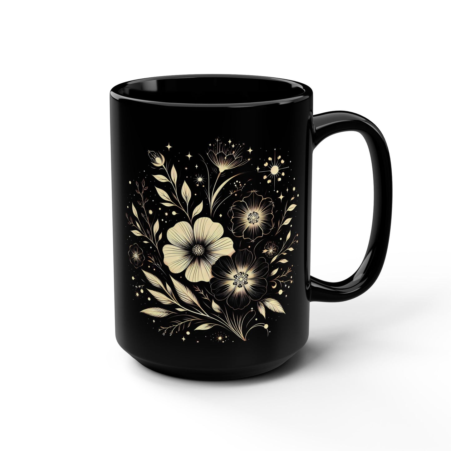 Elegant Floral Black Mug, 15oz