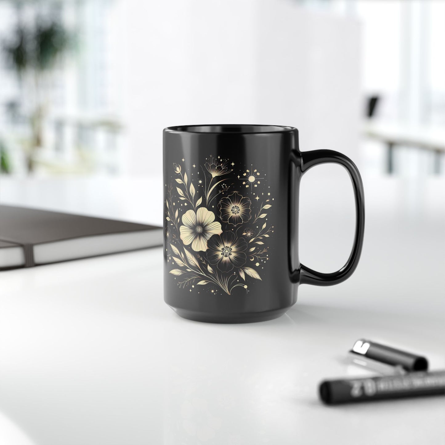 Elegant Floral Black Mug, 15oz