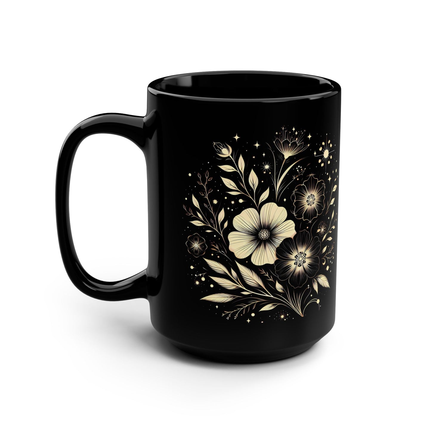 Elegant Floral Black Mug, 15oz