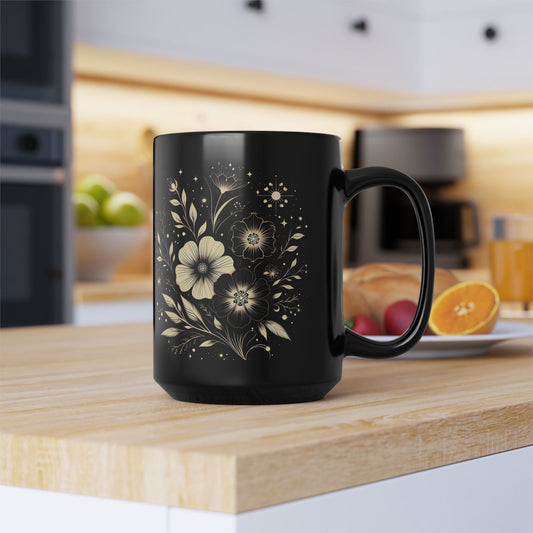 Elegant Floral Black Mug, 15oz