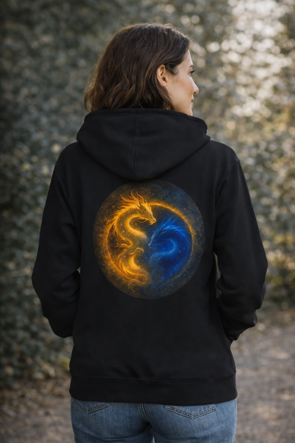 Gemini Yin Yang Zip Hoodie — Blue & Gold Elemental Dragon Yin-Yang Zip-Up