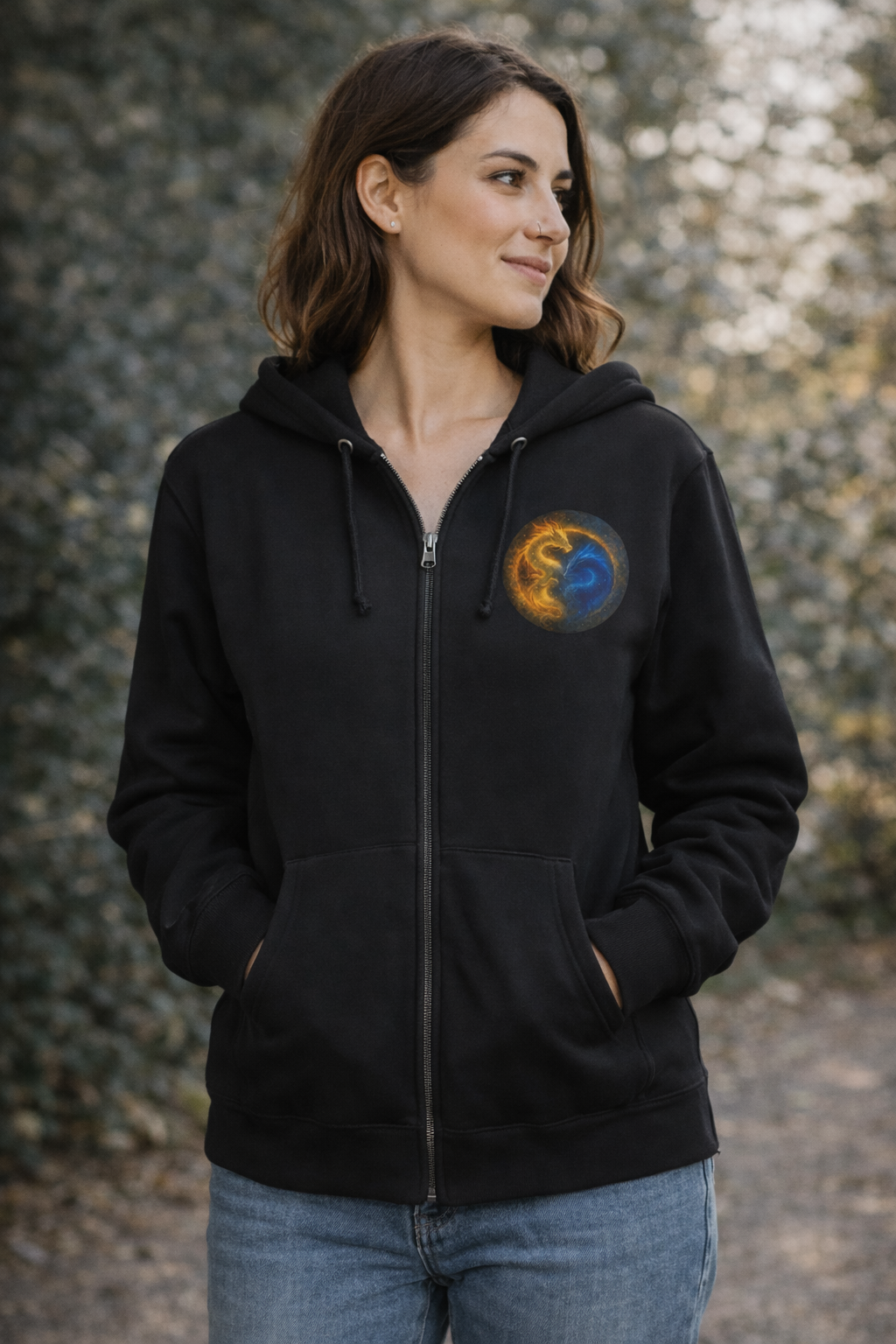 Gemini Yin Yang Zip Hoodie — Blue & Gold Elemental Dragon Yin-Yang Zip-Up