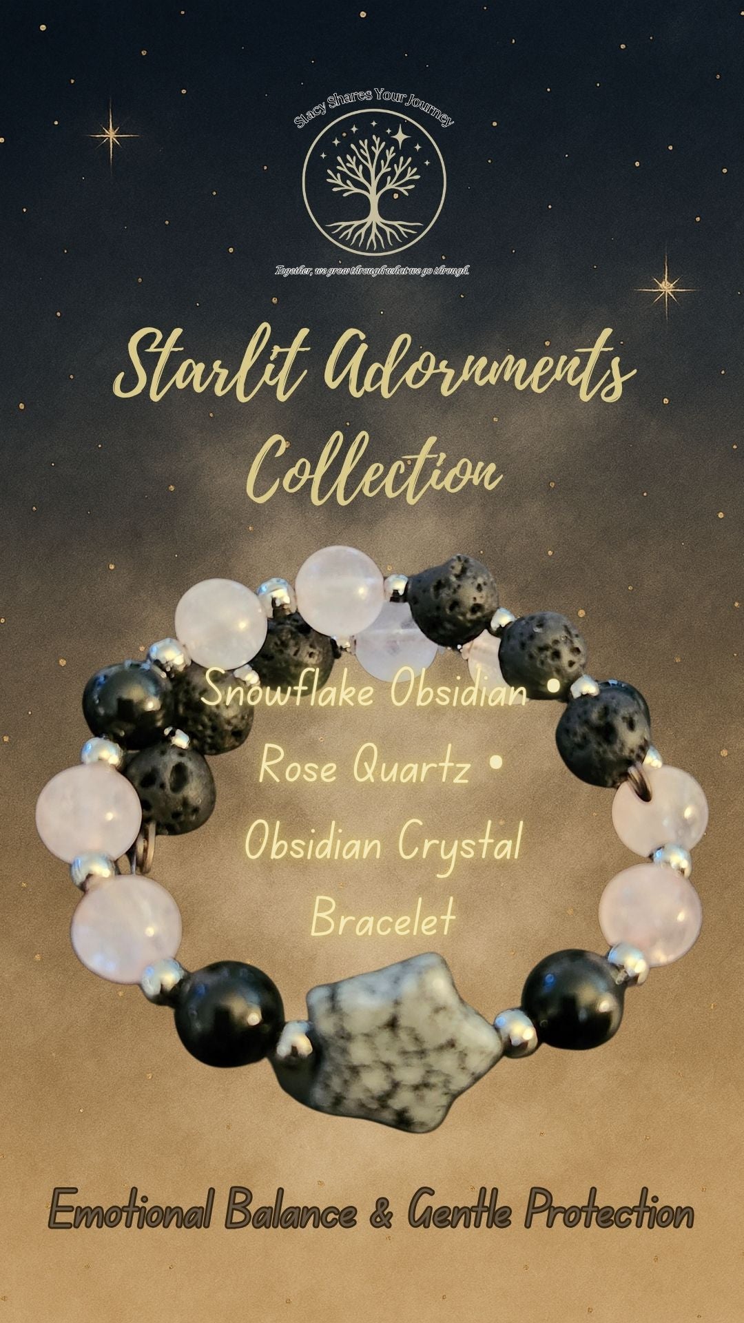 Snowflake Obsidian • Rose Quartz • Obsidian Crystal Bracelet