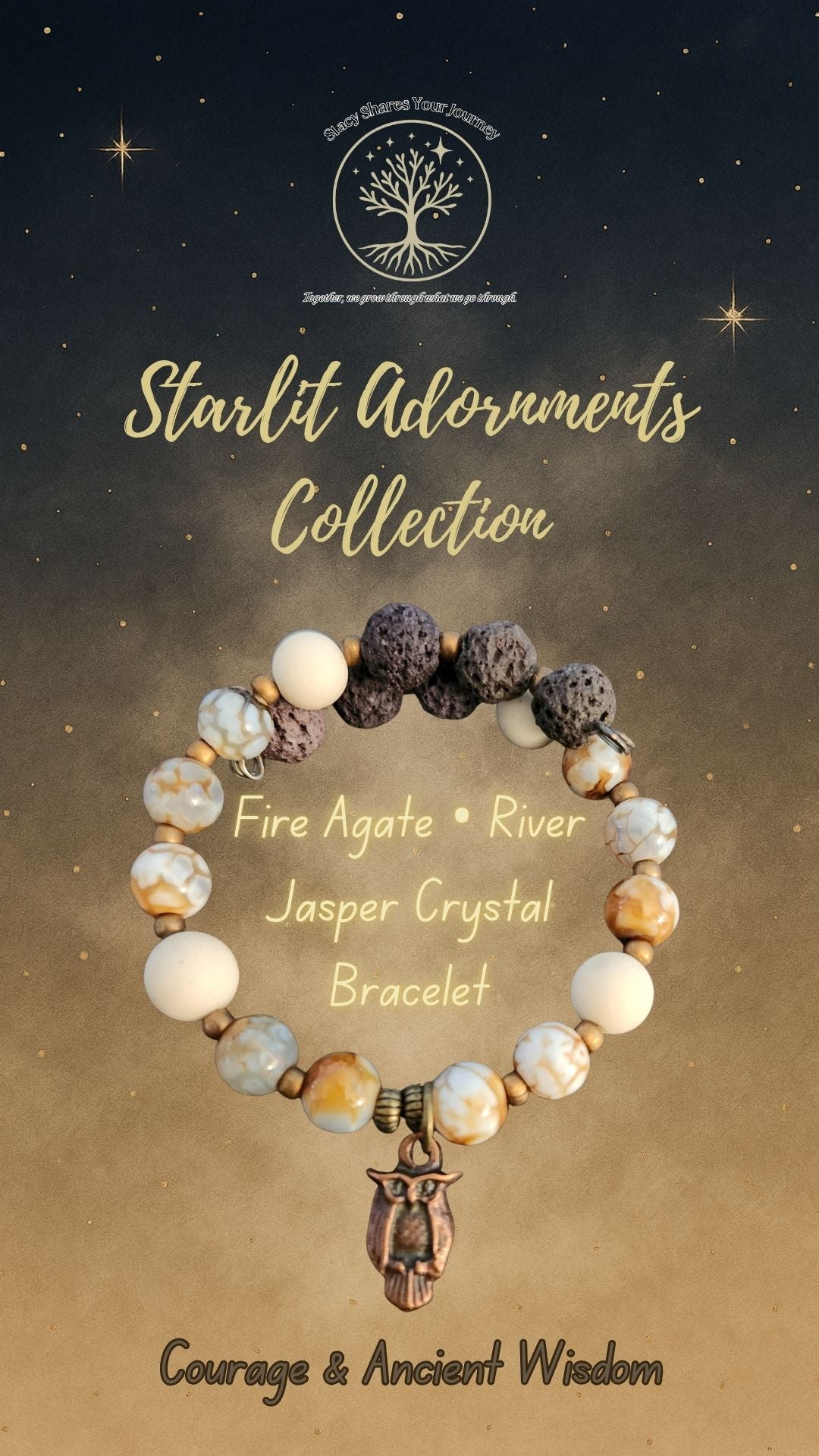 Fire Agate • River Jasper Crystal Bracelet with Owl Charm | Courage & Ancient Wisdom