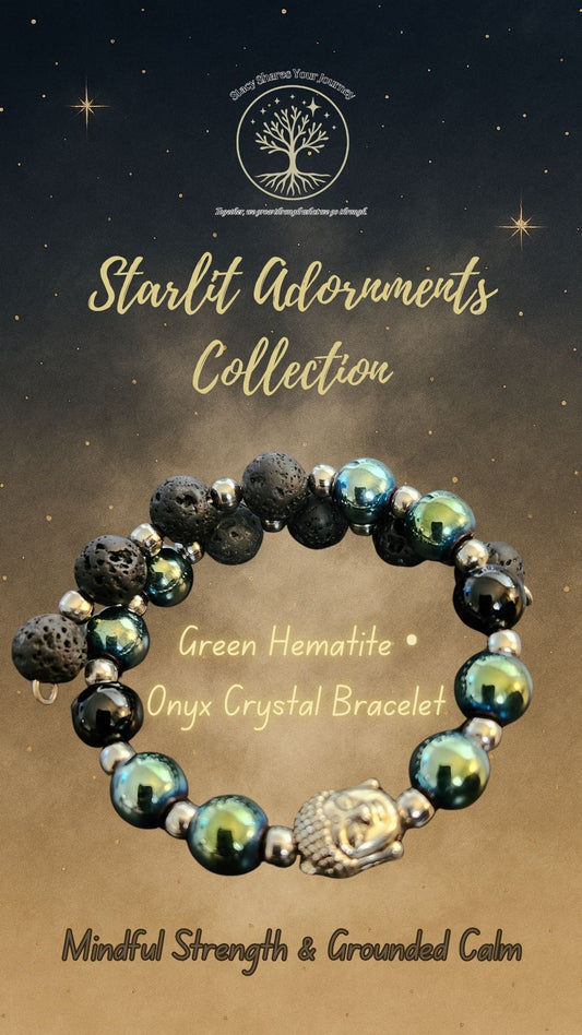 Green Hematite • Onyx Crystal Bracelet with Buddha Charm