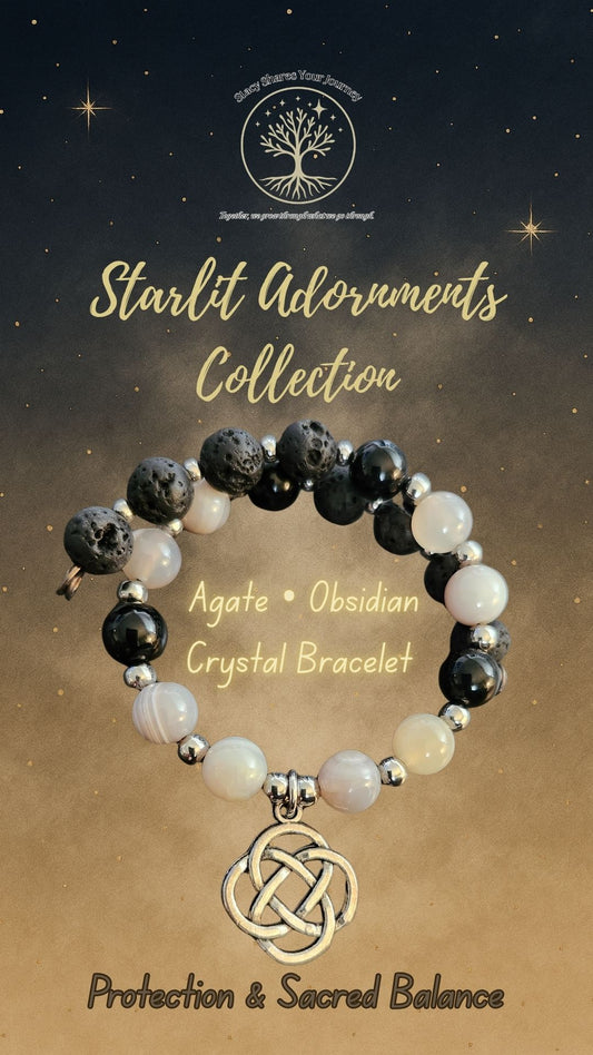 Agate • Obsidian Crystal Bracelet with Celtic Knot Charm | Protection & Sacred Balance