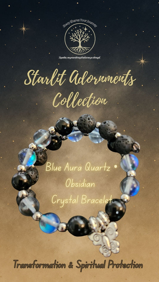 Blue Aura Quartz • Obsidian Crystal Bracelet with Butterfly Charm | Transformation & Spiritual Protection