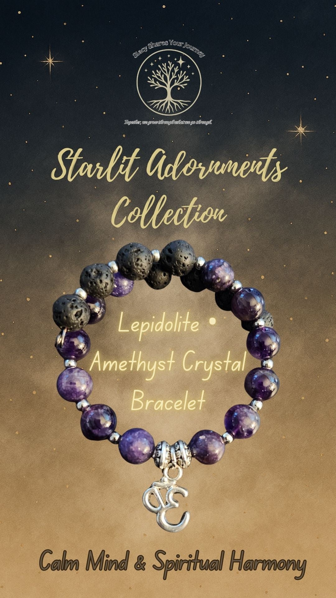 Lepidolite • Amethyst Crystal Bracelet with Om Charm | Calm Mind & Spiritual Harmony