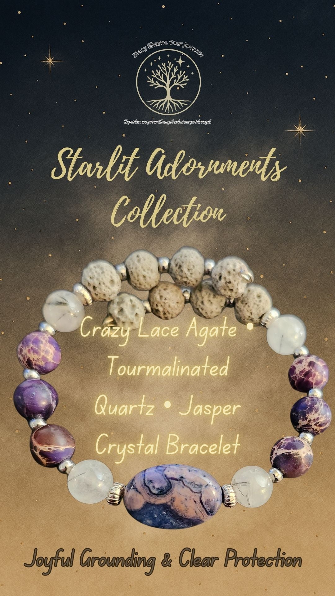 Crazy Lace Agate • Tourmalinated Quartz • Jasper Crystal Bracelet | Joyful Grounding & Clear Protection