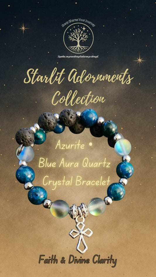 Azurite • Blue Aura Quartz Crystal Bracelet with Cross Charm | Faith & Divine Clarity