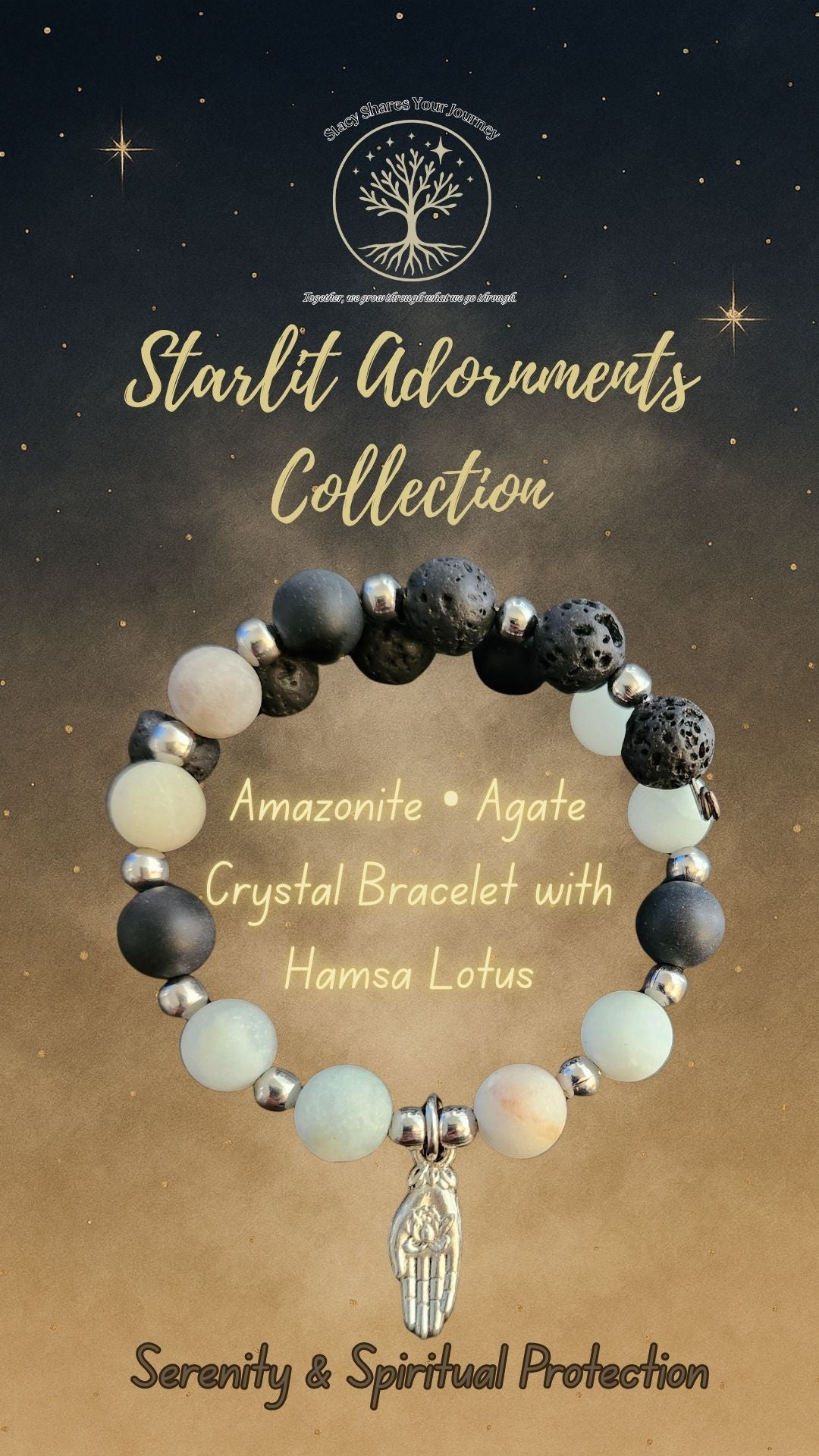 Amazonite • Agate Crystal Bracelet with Hamsa Lotus Charm | Serenity & Spiritual Protection