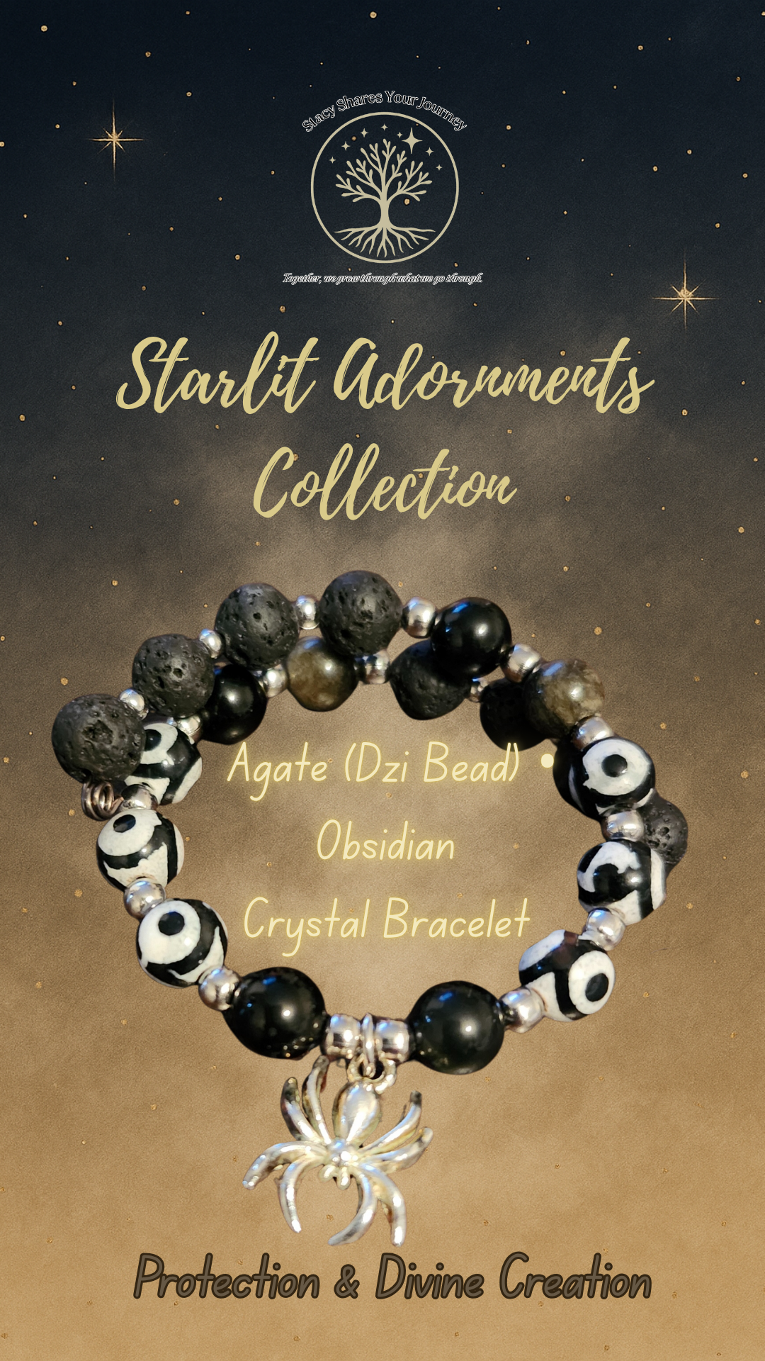 Agate (Dzi Bead) • Obsidian Crystal Bracelet with Spider Charm | Protection & Divine Creation