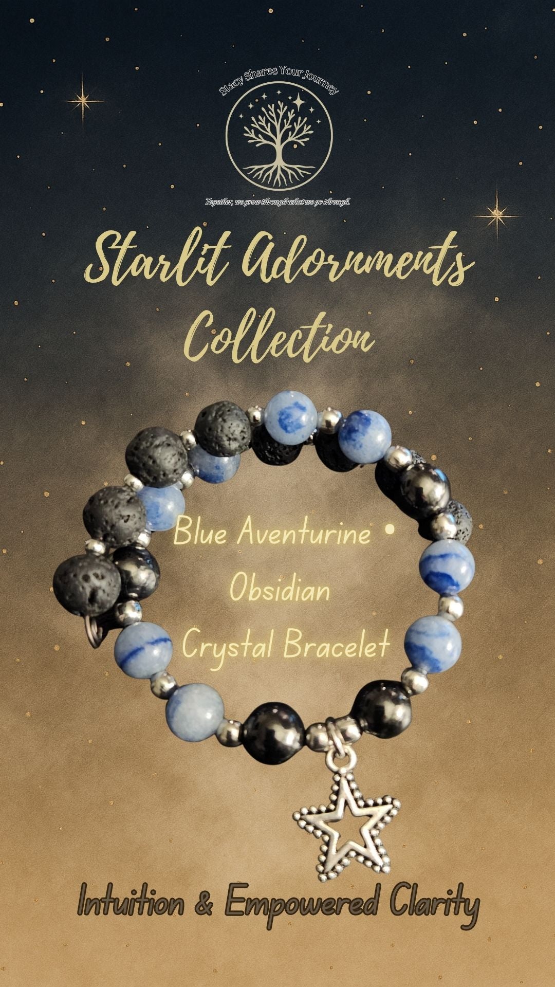 Blue Aventurine • Obsidian Crystal Bracelet with Star Charm | Intuition & Empowered Clarity