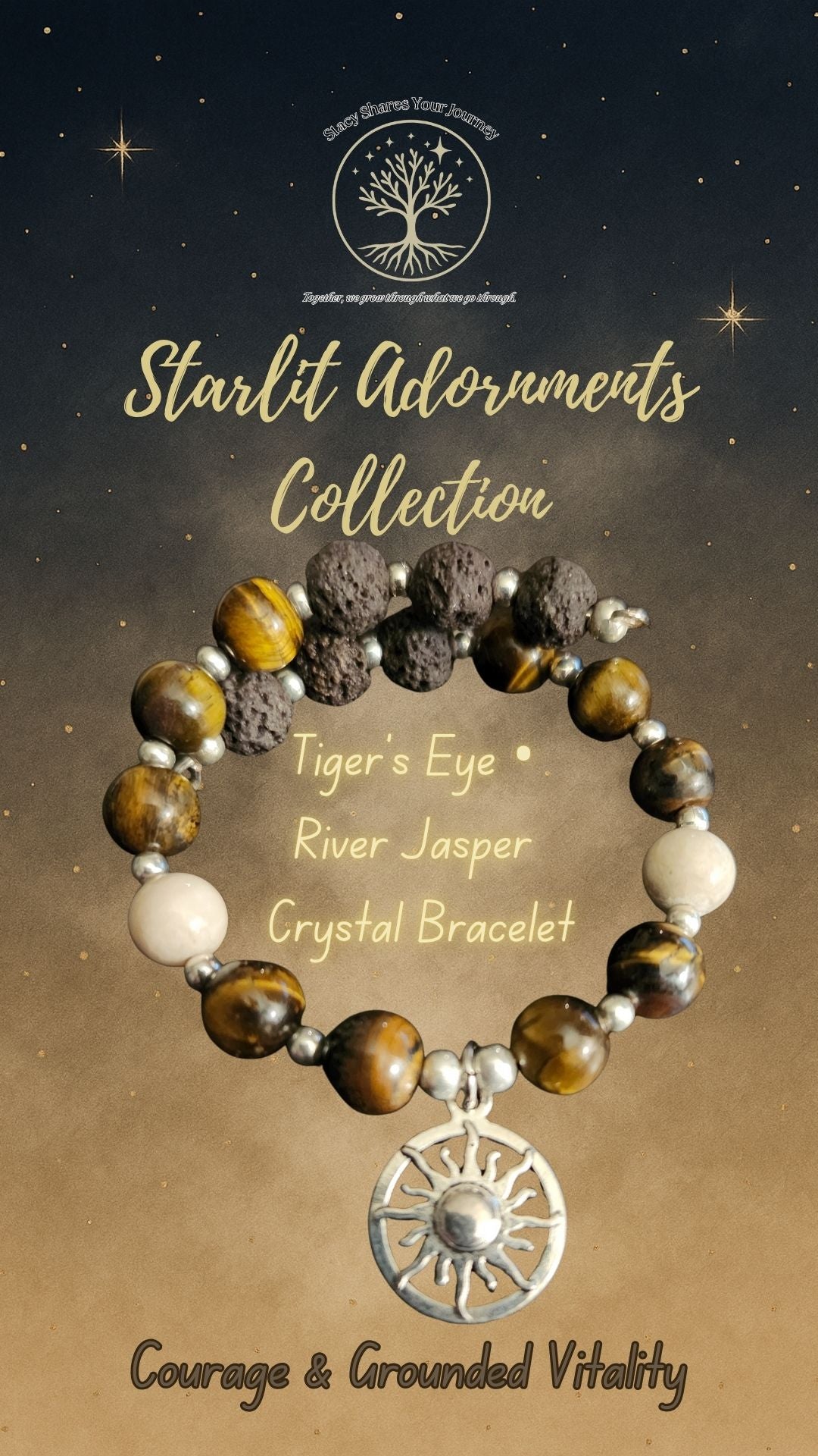 Tiger’s Eye • River Jasper Crystal Bracelet with Sun Charm | Courage & Grounded Vitality