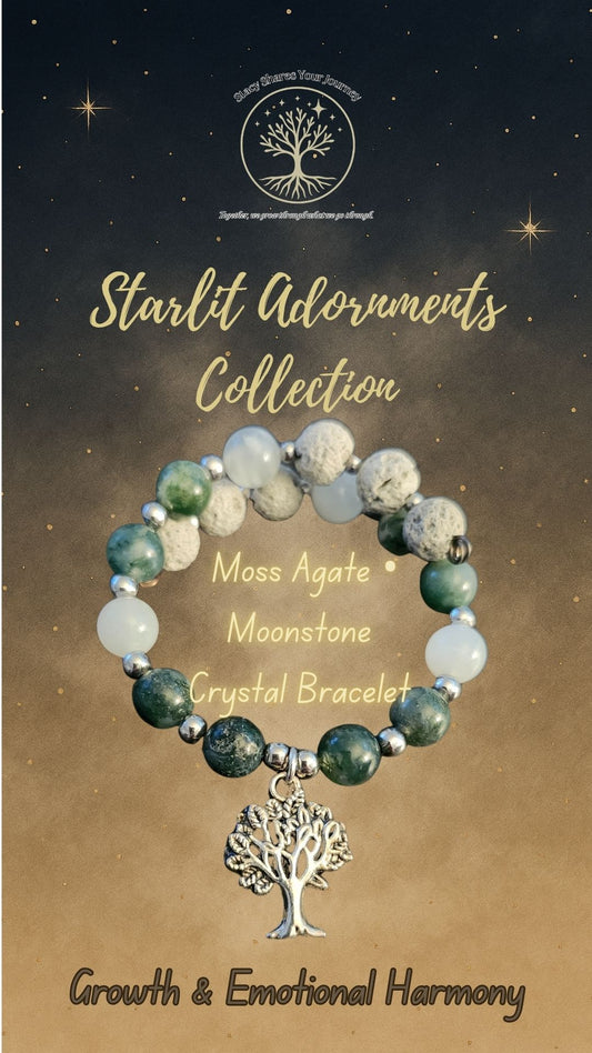 Moss Agate • Moonstone Crystal Bracelet with Tree of Life Charm | Growth & Emotional Harmony