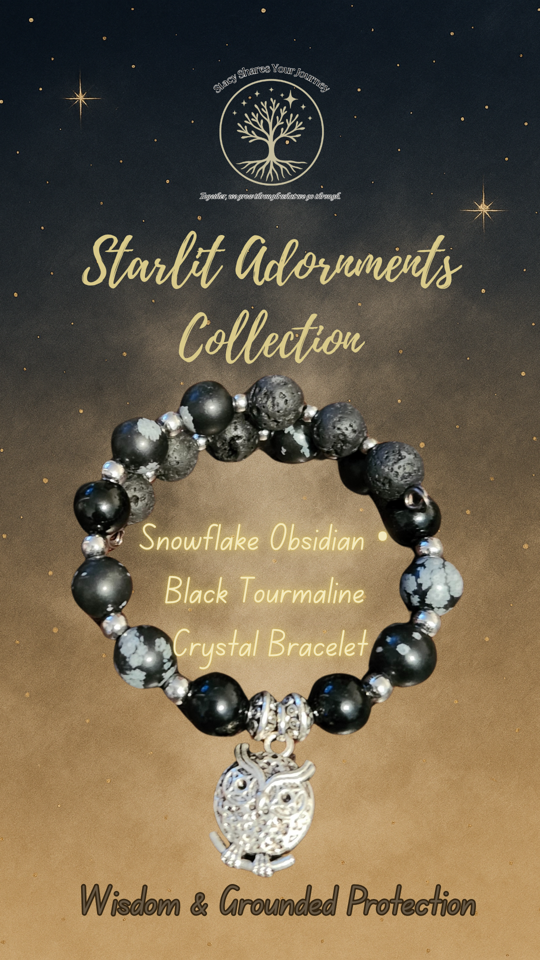 Snowflake Obsidian • Black Tourmaline Crystal Bracelet with Owl Charm | Wisdom & Grounded Protection