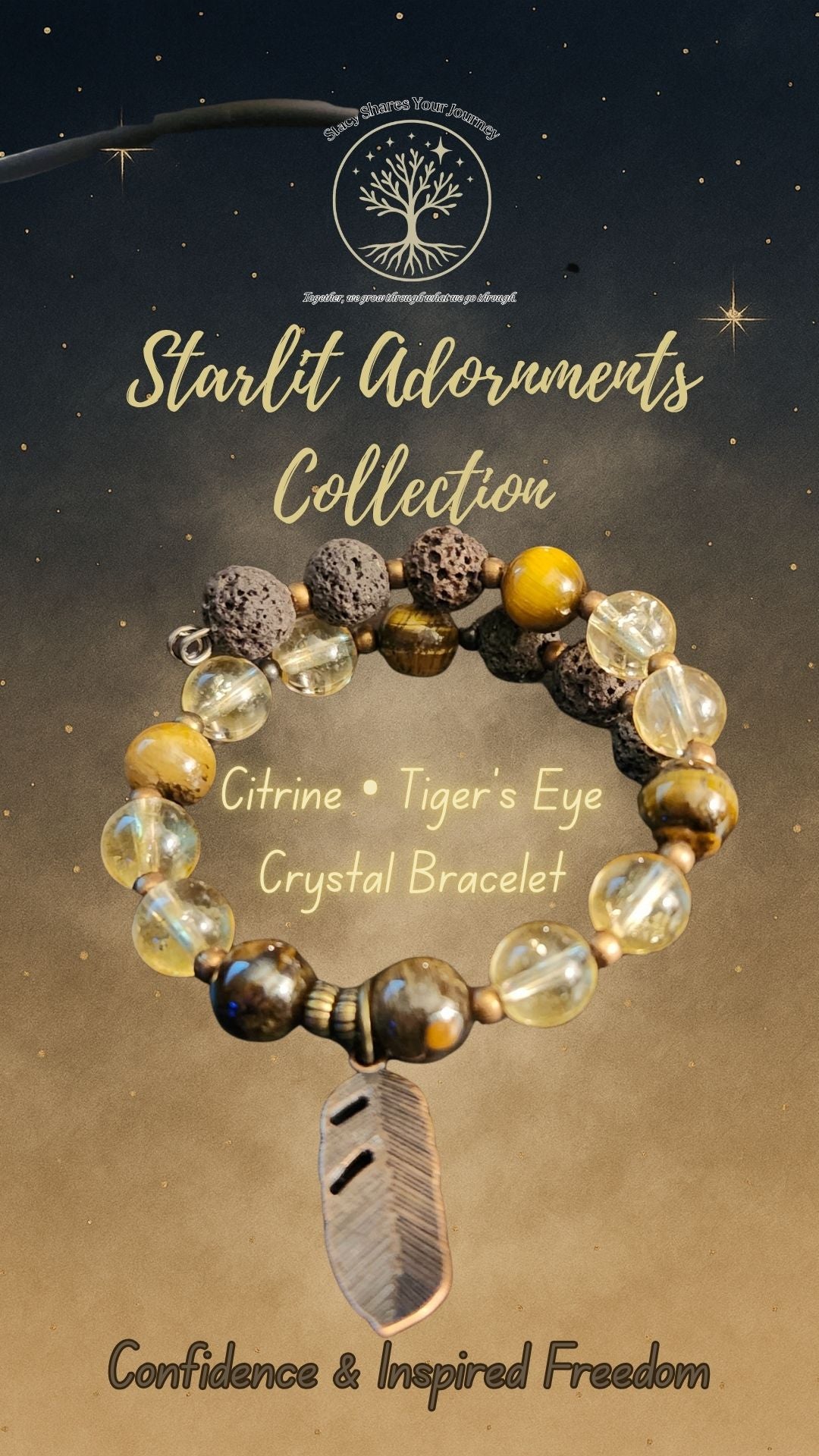 Citrine • Tiger’s Eye Crystal Bracelet with Feather Charm | Confidence & Inspired Freedom