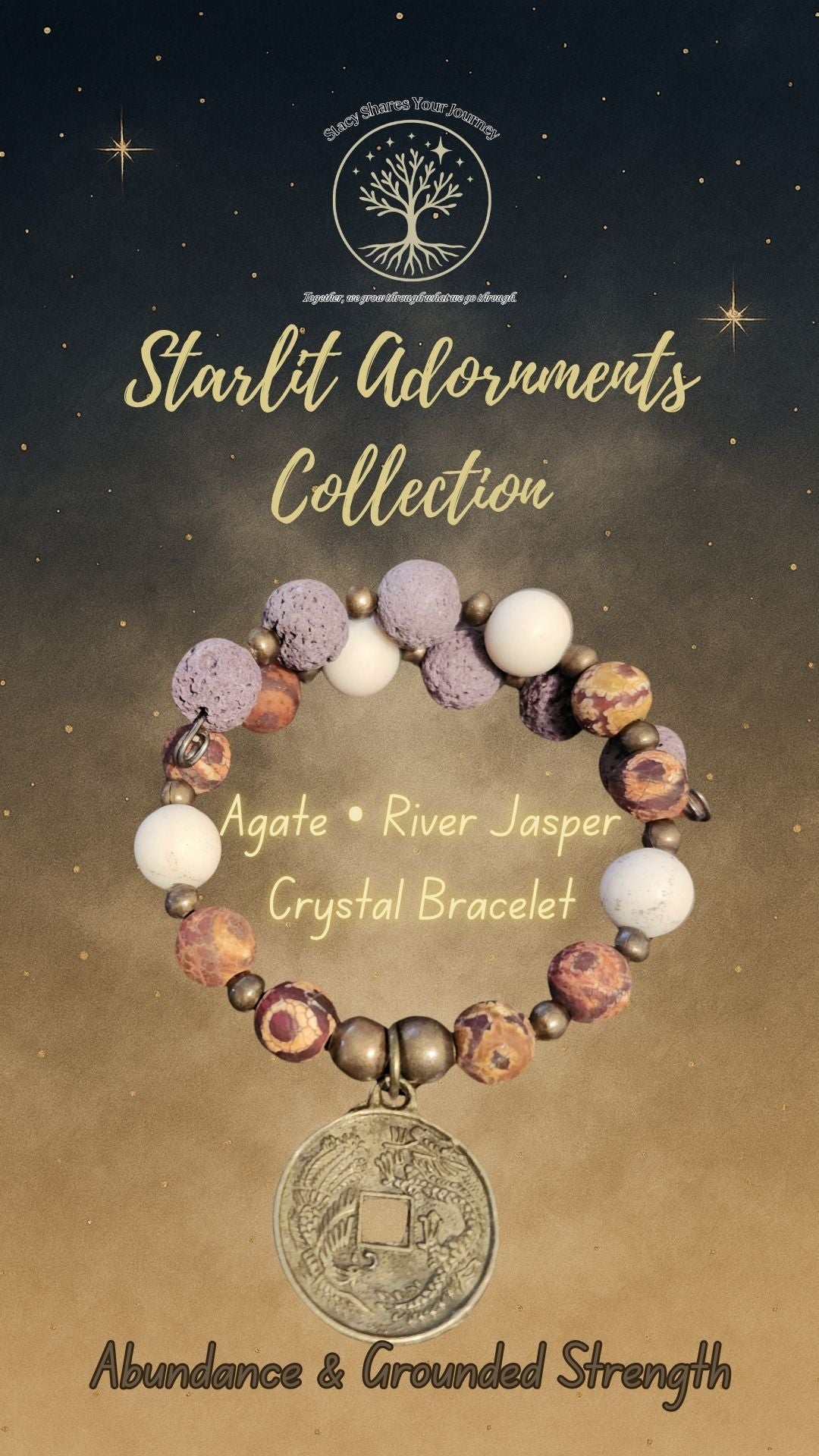 Agate • River Jasper Crystal Bracelet with Prosperity Coin Charm | Abundance & Grounded Strength