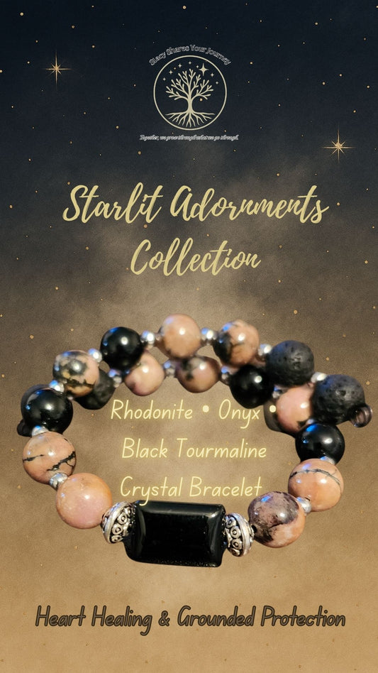 Rhodonite • Onyx • Black Tourmaline Crystal Bracelet | Heart Healing & Grounded Protection