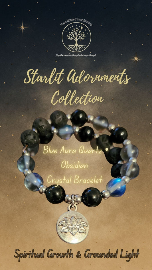 Blue Aura Quartz • Obsidian Crystal Bracelet with Lotus Charm | Spiritual Growth & Grounded Light
