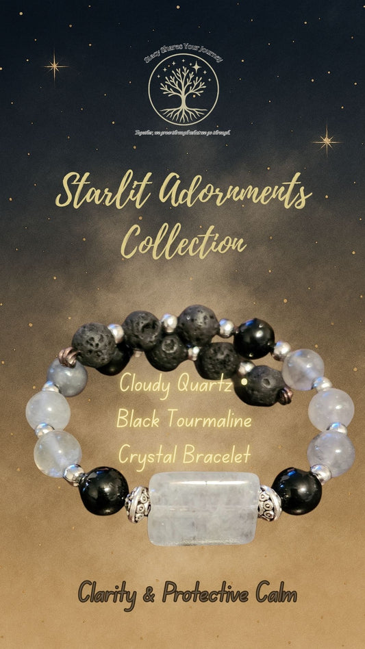 Cloudy Quartz • Black Tourmaline Crystal Bracelet | Clarity & Protective Calm